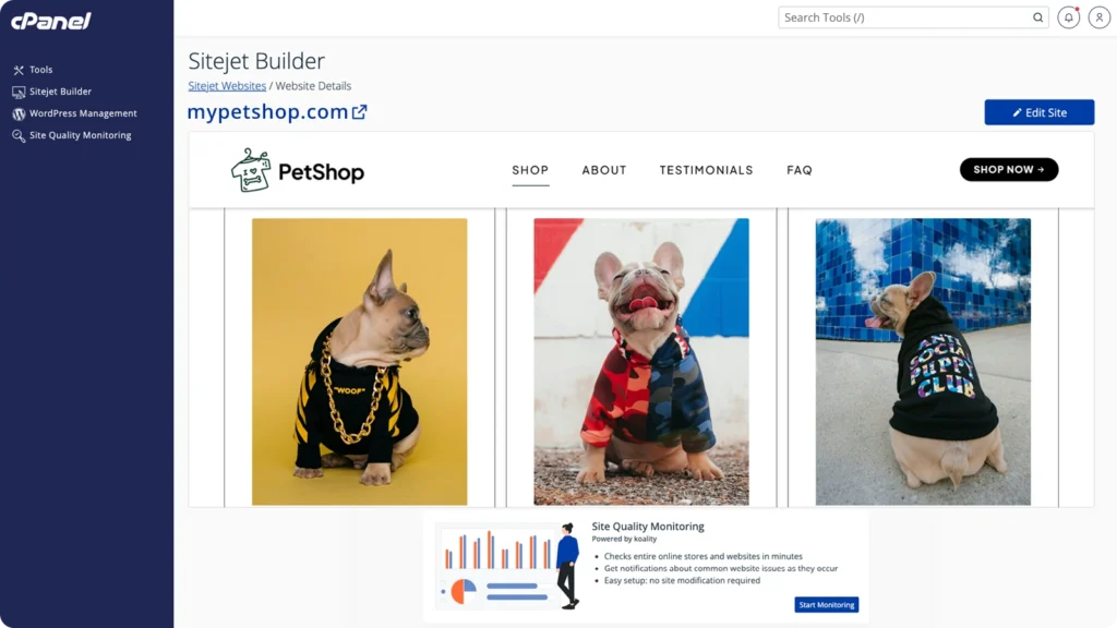 Sitejet Website Builder integrado en cPanel