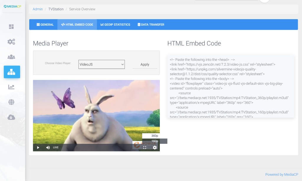 Reproductor VideoJS y código HTML embed para estación de TV en MediaCP