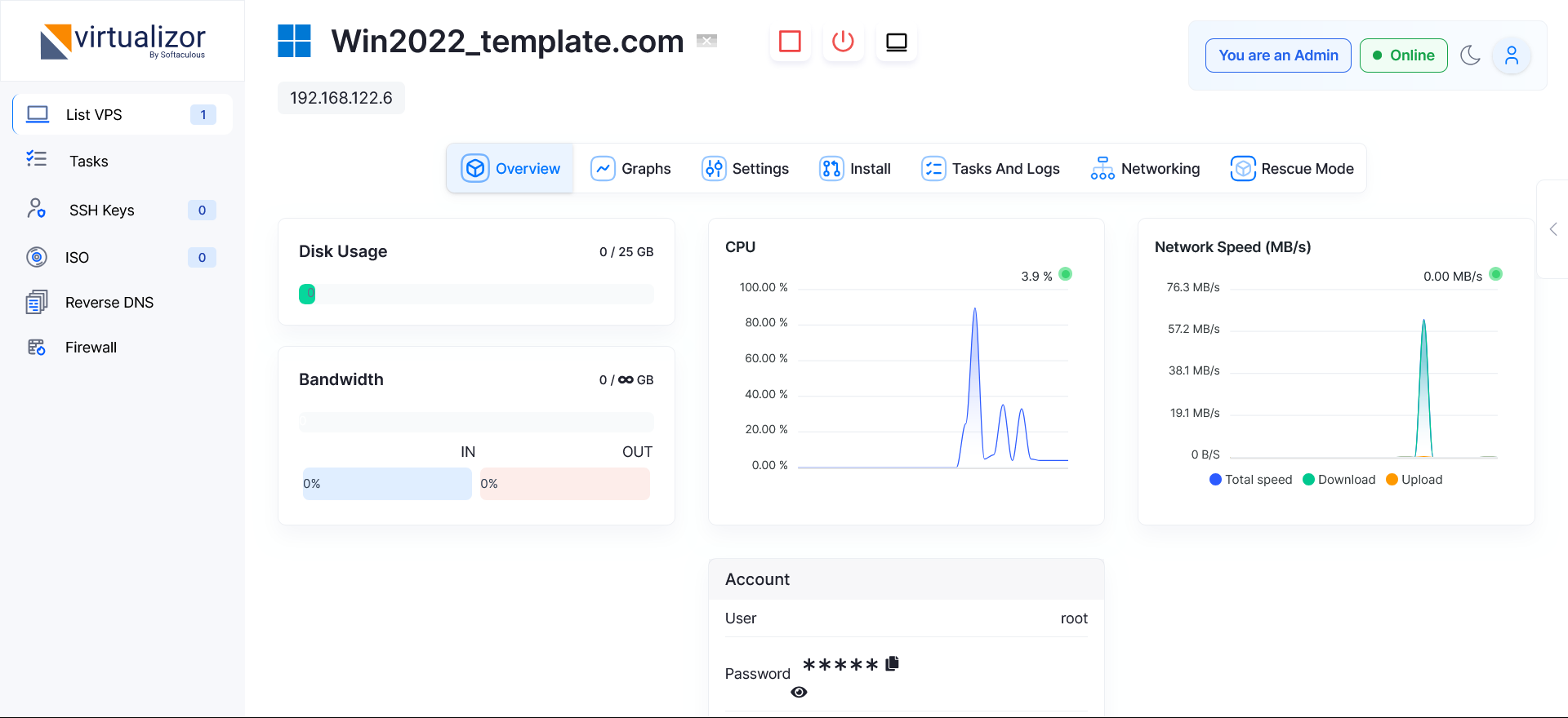 Vista de administración de un VPS en Virtualizor